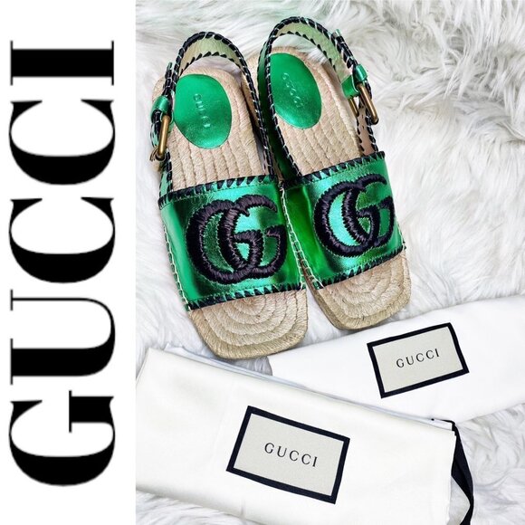NWT GUCCI Nappa Silk Leather GG Logo Metallic Green Platform Espadrilles, 35 - Picture 13 of 14